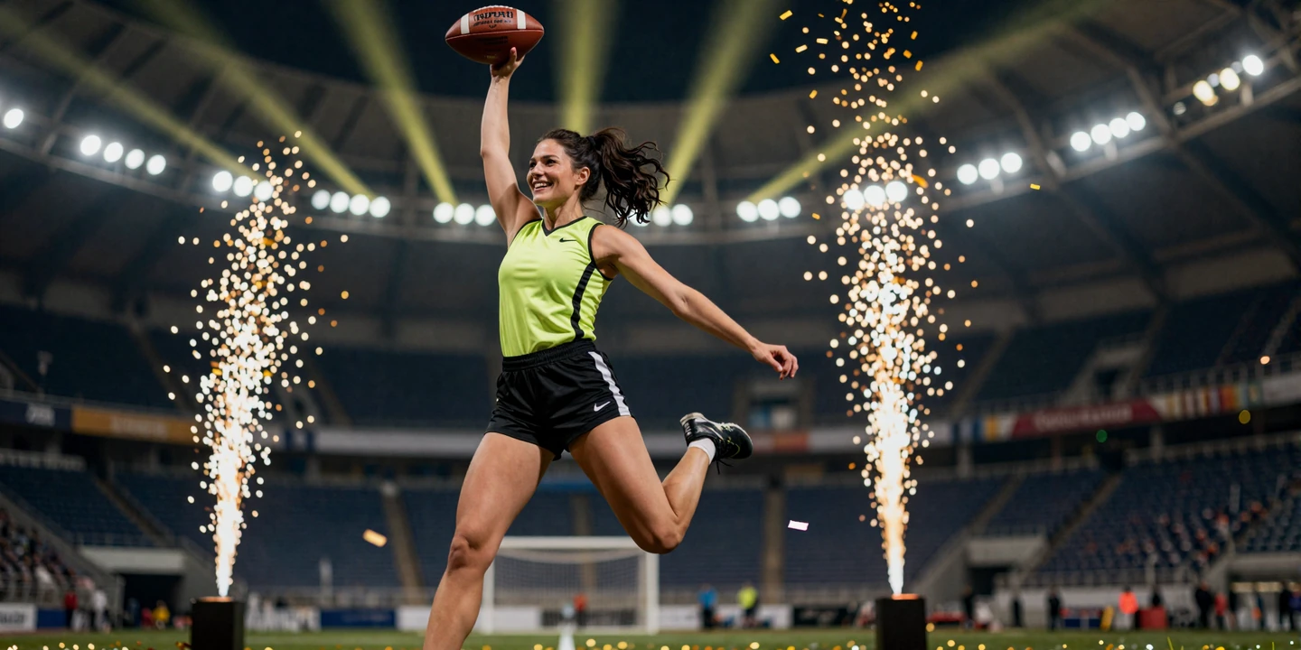Frau in Sportkleidung hebt triumphierend einen Fu&szlig;ball unter goldenem Konfetti