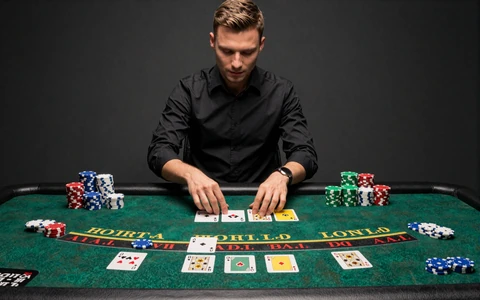 Live-Blackjack-Pit mit Dealer und gestapelten Chips auf gr&uuml;nem Filz