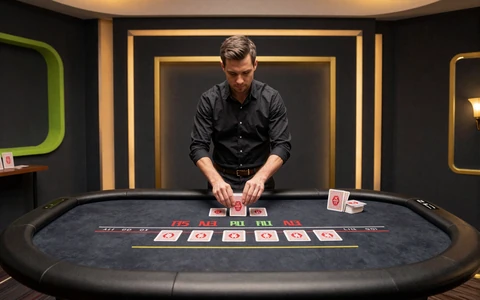 Elegante Live-Baccarat-Tisch-Weitaufnahme mit Dealer im Studio