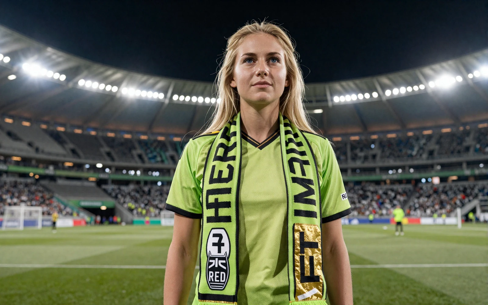 Selbstbewusste Frau im lime Fu&szlig;ballschal vor Stadionflutlicht - Sportwetten und Bundesliga tippen bei Golazzo