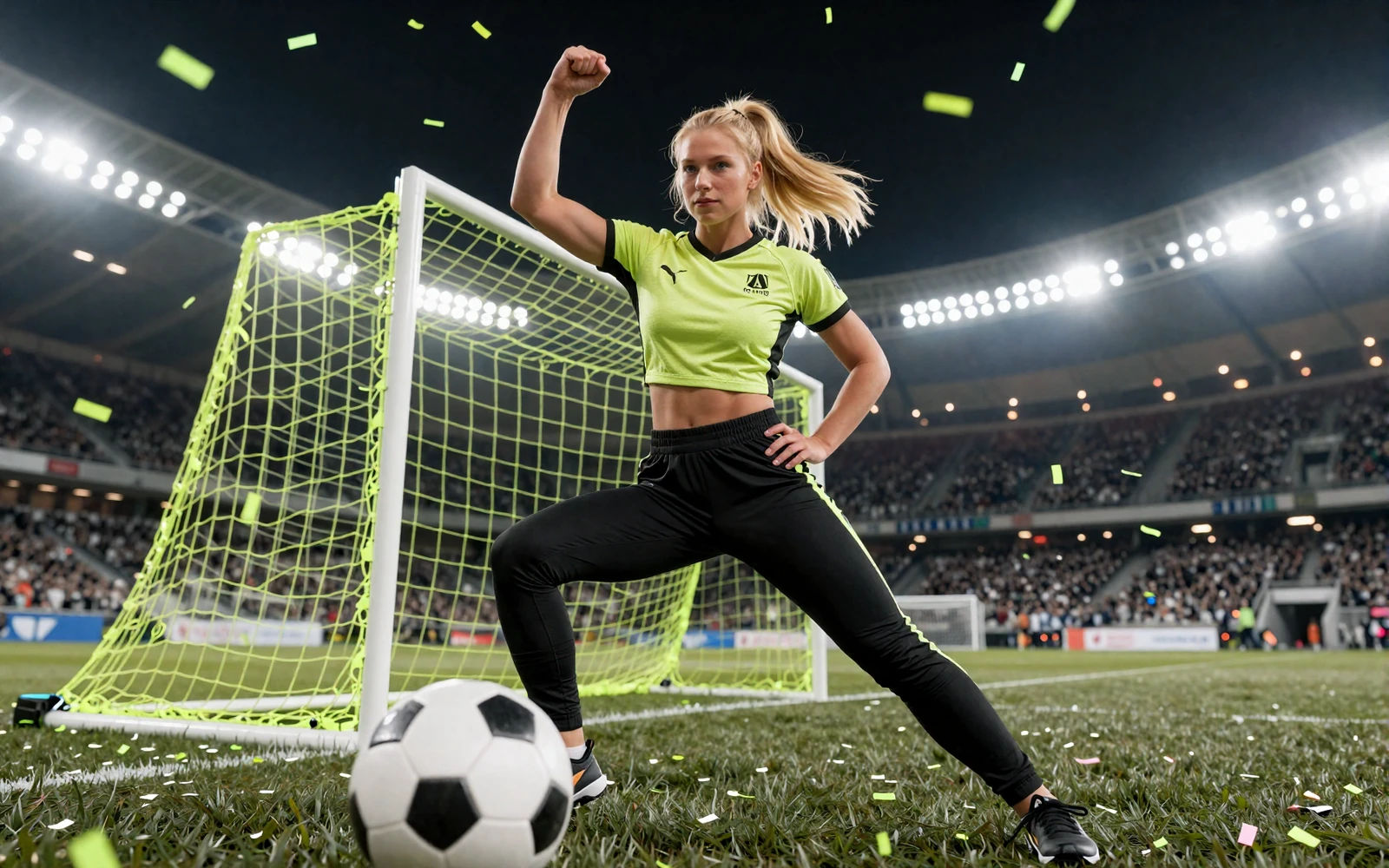 Selbstbewusste Frau in Sportkleidung neben Fu&szlig;ball und Tor unter Stadionflutlicht - Golazzo online casino deutschland