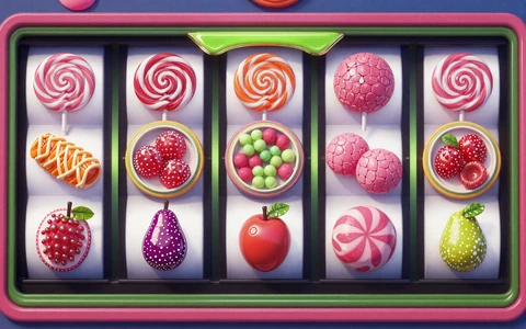 Candy-thematische Sweet-Bonanza-Slot-Walzen mit Bonbons und Fr&uuml;chten