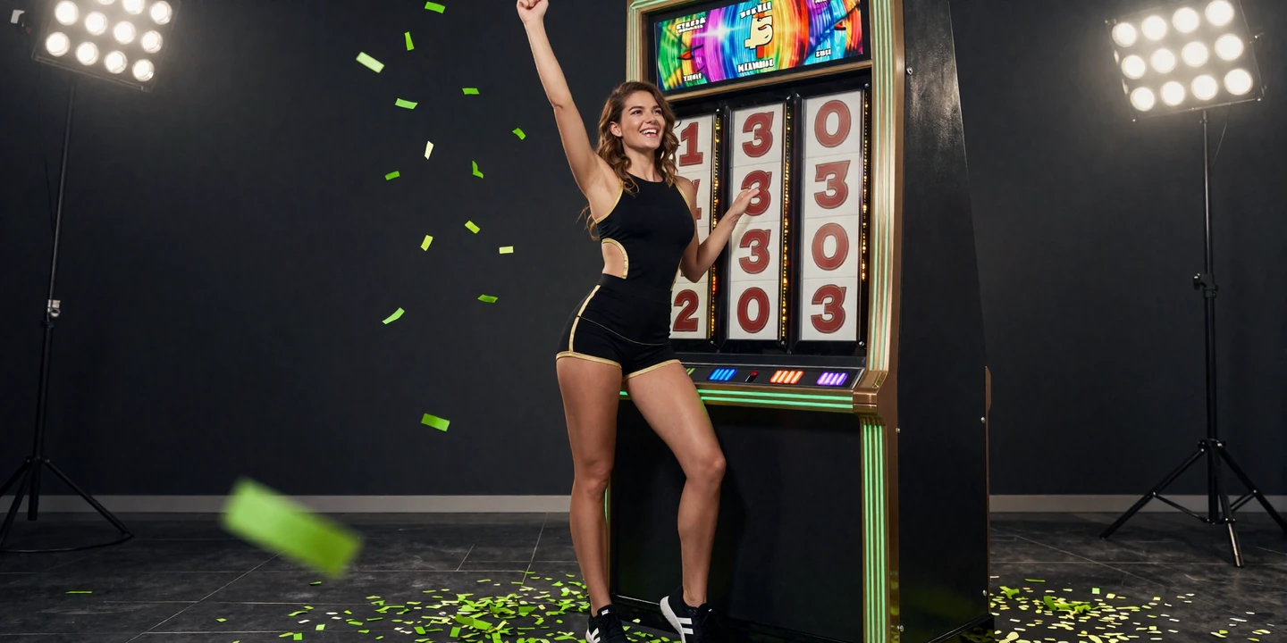 Frau in Sportkleidung mit Goldakzenten feiert neben rotierenden Slot-Walzen unter Lime-Konfetti