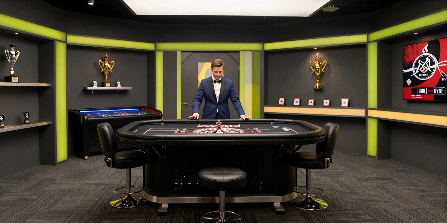 Live-Casino-Studio mit Dealer an leuchtendem Roulette- und Blackjack-Tisch