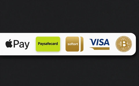 Zahlungslogos: Apple Pay, Paysafecard, Sofort, Visa, Bitcoin