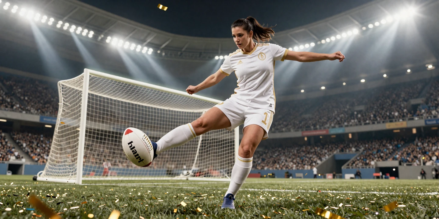 Frau in wei&szlig;-goldener Sportkleidung schie&szlig;t einen Fu&szlig;ball ins leuchtende Tor unter Flutlicht