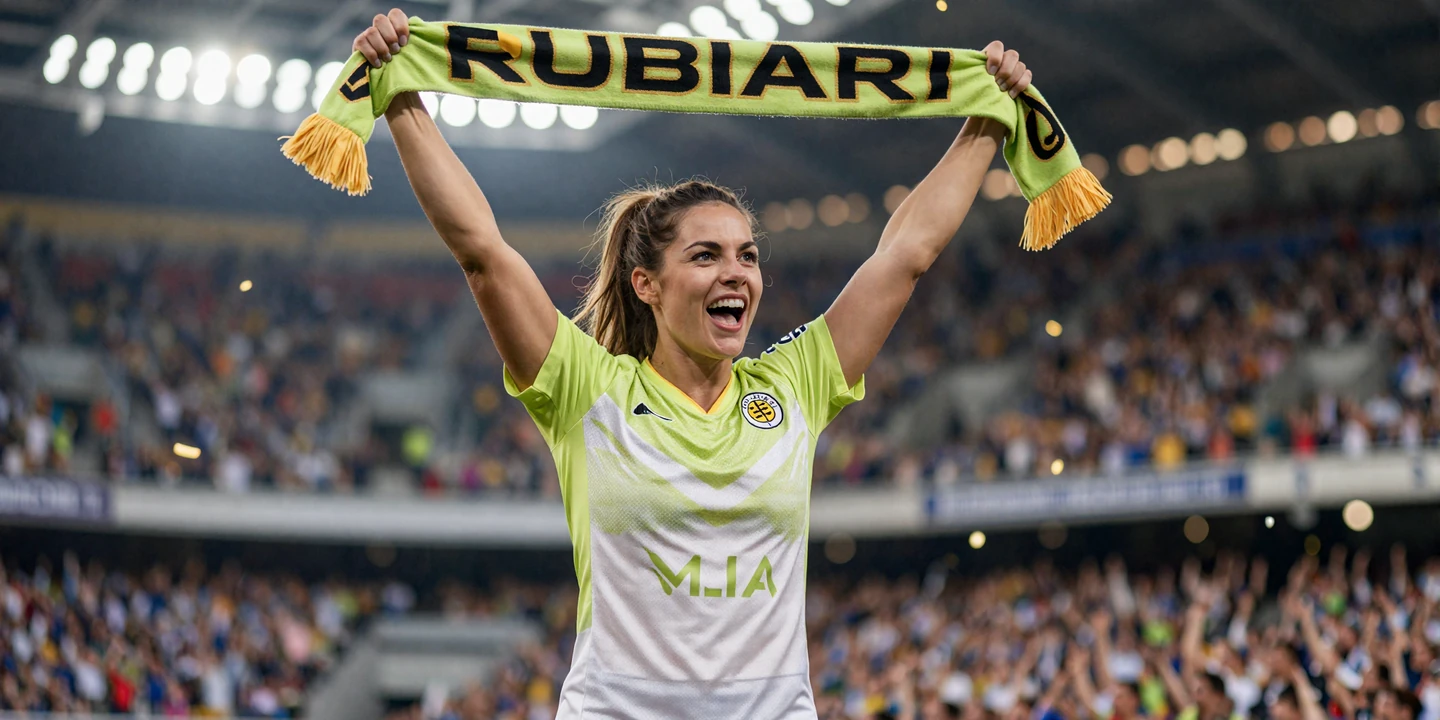 Frau im Fan-Trikot jubelt mit erhobenem lime Schal vor Stadionpublikum unter Flutlicht