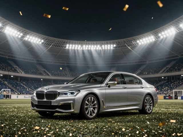 Silberner BMW 7er auf dem Stadionrasen unter Flutlicht mit Goldkonfetti - Golazzo BMW-Verlosung