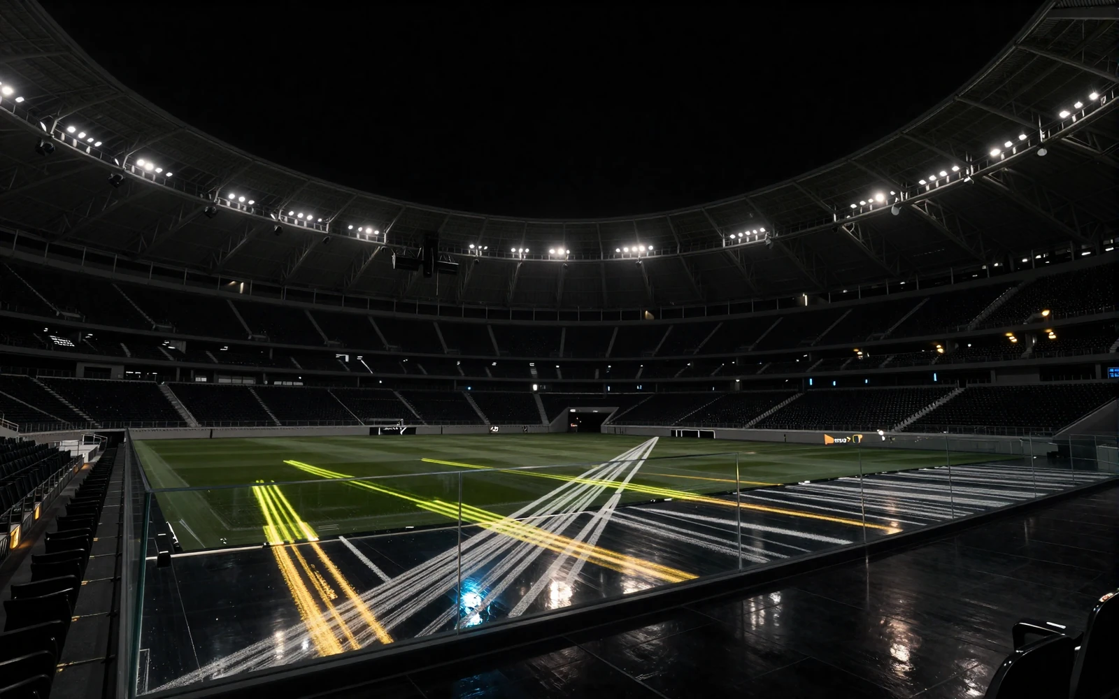 Dunkles Stadion bei Nacht mit lime-goldenem Lichtreflex - sichere Zahlungen im Golazzo online casino