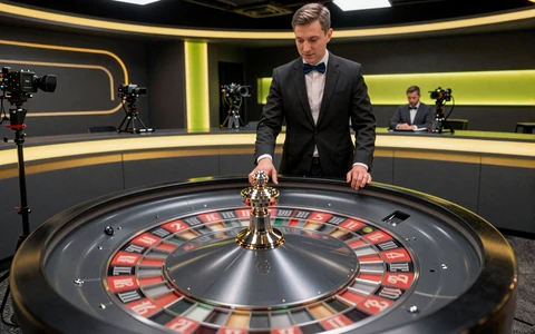 Live-Roulette-Studio mit Dealer und poliertem Kessel im Evolution-Stil