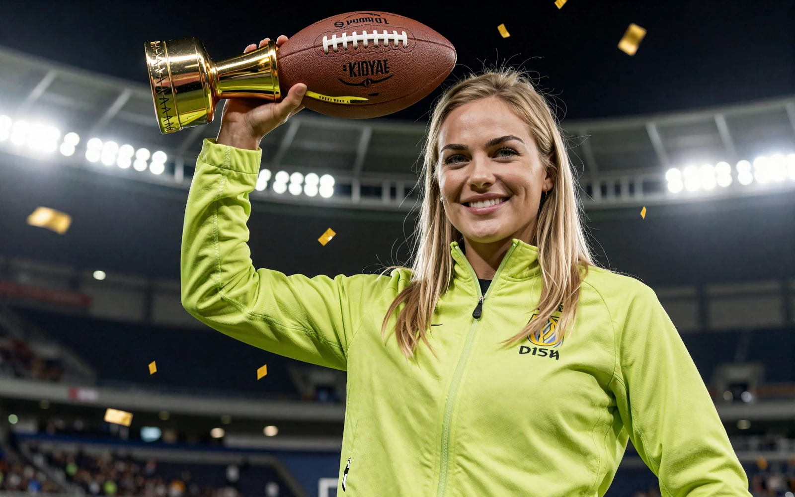 Selbstbewusste Frau in Lime-Sportjacke h&auml;lt einen goldenen Pokal unter Stadionflutlicht - Golazzo casino bonus und Freispiele
