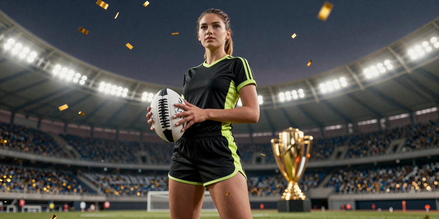 Selbstbewusste Frau in Sportkleidung mit Fu&szlig;ball unter goldenem Konfetti im Stadion